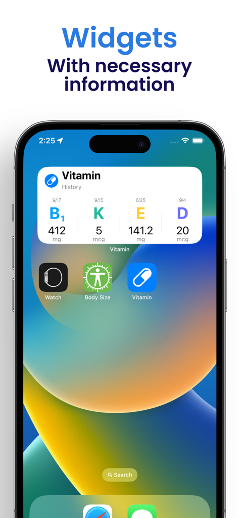 Vitamin: Track, Log & Schedule - Uma tela inicial do iPhone mostrando o widget do aplicativo Vitamin exibindo o histórico recente de ingestão de suplementos.