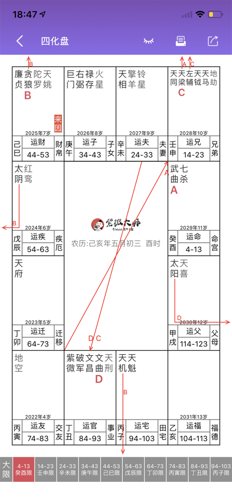 紫薇斗数-紫微斗数八字算命 - Un diagramme détaillé d'astrologie Zi Wei Dou Shu chinois comportant douze maisons et des flèches directionnelles rouges pour l'analyse du destin de vie.