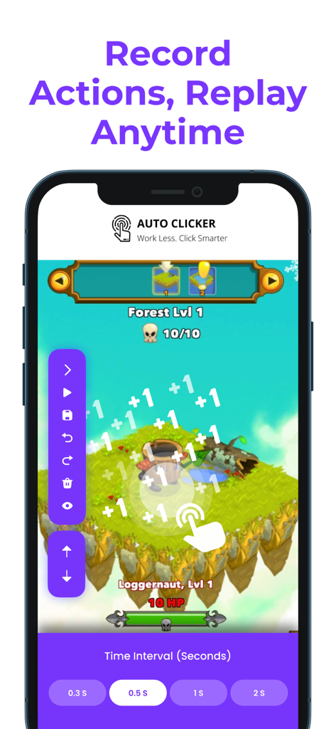 Auto Clicker app interface showing action recording and replay features over a mobile game