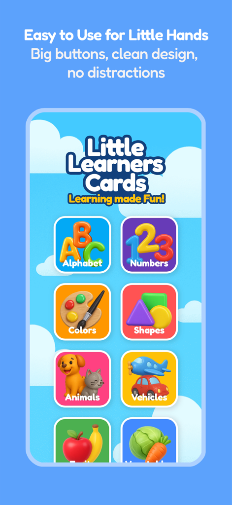 Little Learners Cards - Menú principal de la aplicación educativa Tarjetas para Pequeños Aprendices que muestra botones coloridos para Alfabeto, Números, Colores y Animales.