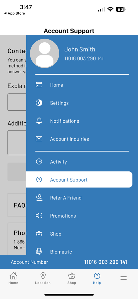 LSC - Menu di navigazione laterale dell'app Landry Select Club con opzioni di supporto all'account