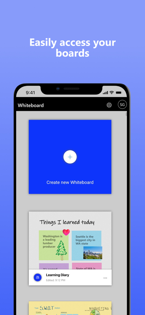 A mobile interface for Microsoft Whiteboard showing the board gallery and a create new whiteboard button
