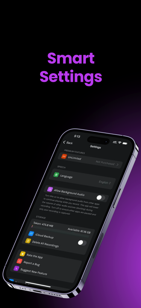 MedXcribe - MedXcribe App-Einstellungen-Bildschirm auf einem iPhone mit Optionen für die Verwaltung von Sprachspeicher und iCloud-Backups