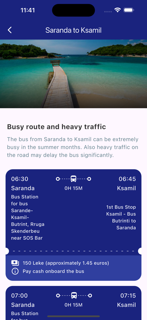 Albania Bus Timetable - Bus schedule and price for the route from Saranda to Ksamil in Albania
