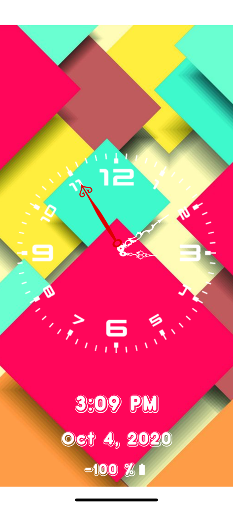 Loud Alarm Clock: Wake up Call - Pantalla de reloj analógico y digital con un fondo de pantalla geométrico colorido que muestra la fecha y la duración de la batería