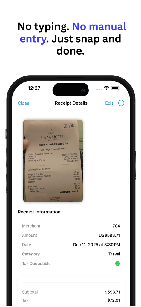 Mobile app interface showing AI powered receipt scanning with automated merchant and amount extraction