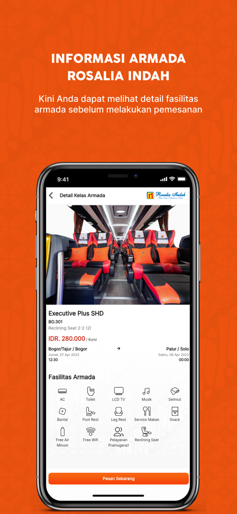 エグゼクティブプラスバスの内部とアメニティリストを表示するRosalia Indahモバイルアプリ