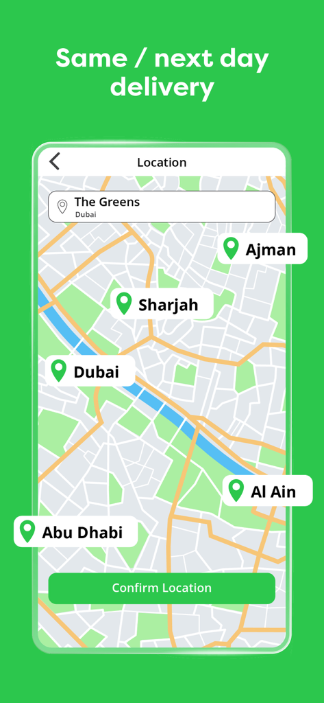 Barakat: Grocery Home Delivery - Un mapa dentro de la aplicación Barakat que muestra las áreas de cobertura de entrega en Dubai, Abu Dhabi y otras regiones de los EAU.