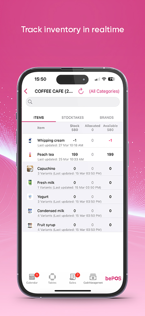 bePOS - Super Point of Sale - bePOS app screen showing real-time inventory tracking for a coffee cafe