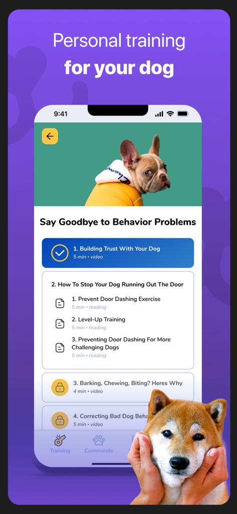 Dog Training & Clicker - Pawer - Smartphone screen showing personalized dog training lessons for behavior problems in the Pawer app