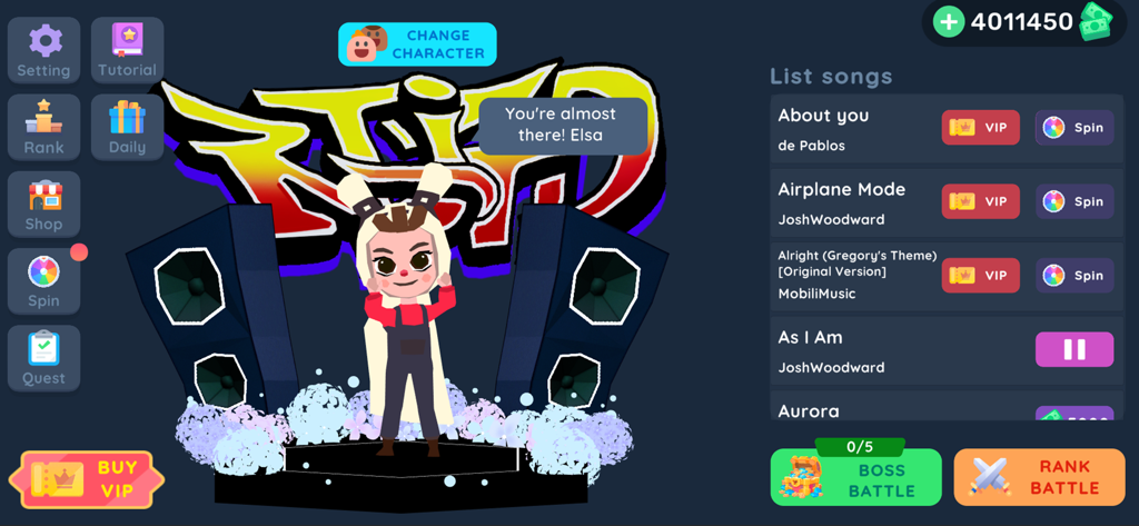 Dance Battle 3D - Dance Battle 3D game menu screen showing character Elsa on stage and a list of songs for battle.