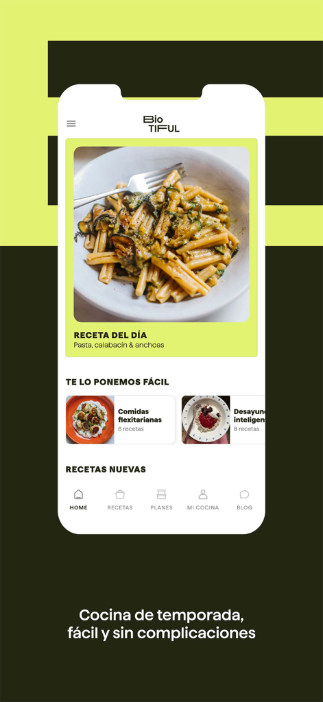 Biotiful App: tu cocina fácil - Biotiful app interface showing a pasta recipe of the day and healthy meal categories