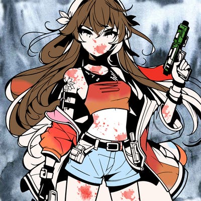 bad girl wearing crop top holding a gun long hair anime