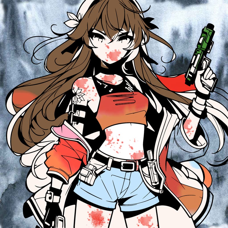 bad girl wearing crop top holding a gun long hair anime