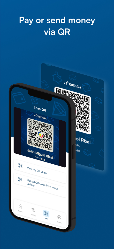 eCebuana - A smartphone screen displaying the eCebuana app QR code scanning feature for paying and sending money.