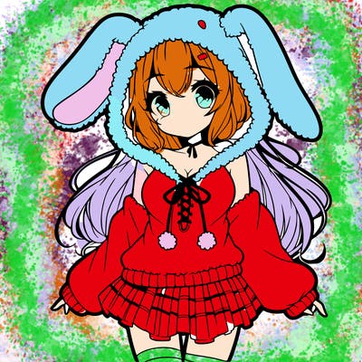 pretty anime girl wearing a fluffy hoodie with bunny ears on the hood and a skirt