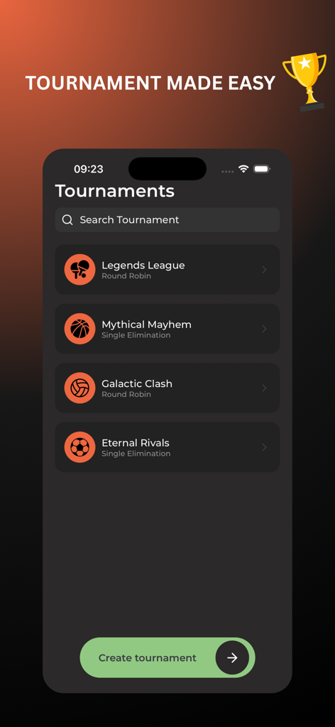 Bracket & Scheduler - Turnierlistenbildschirm in der Bracket and Scheduler App, der verschiedene Sportligen wie Legends League und Mythical Mayhem zeigt