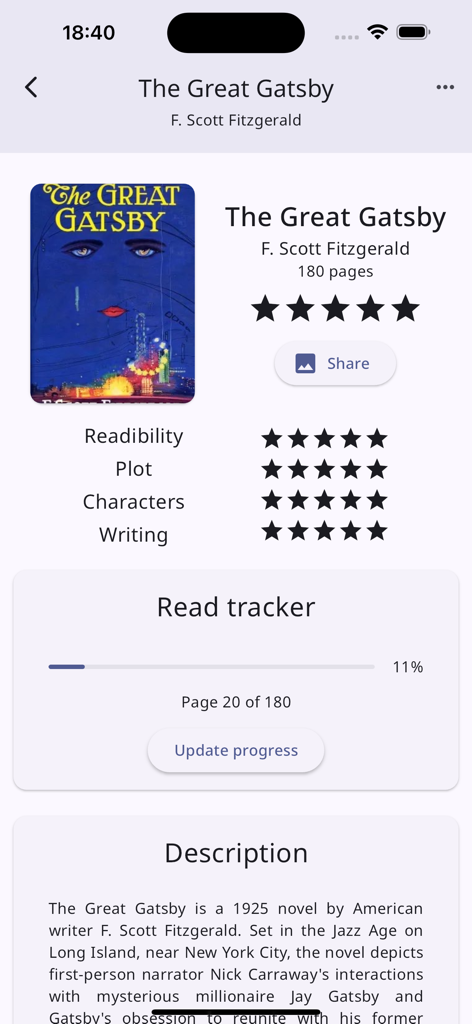 Bookly - Reading Tracker - Bookly app interface showing reading progress and ratings for The Great Gatsby