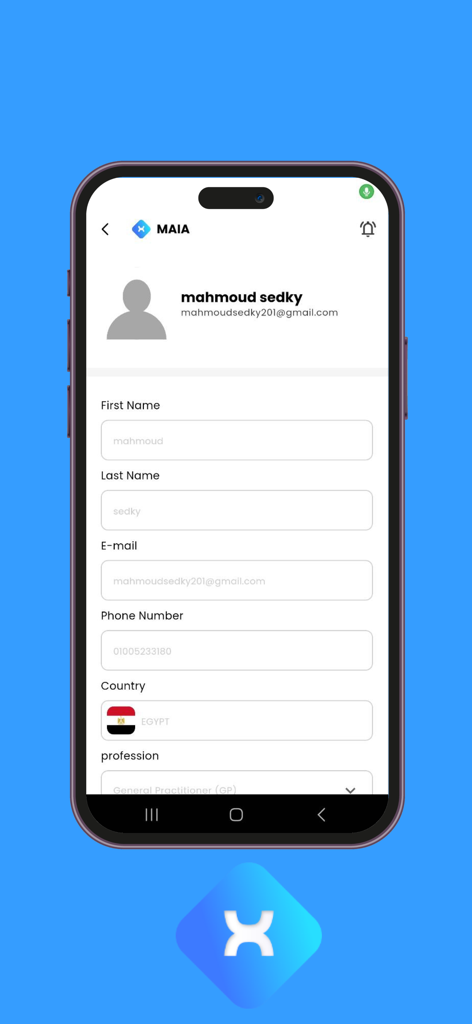 The user profile and account details screen in the MAIA Medical AI Assistant mobile app