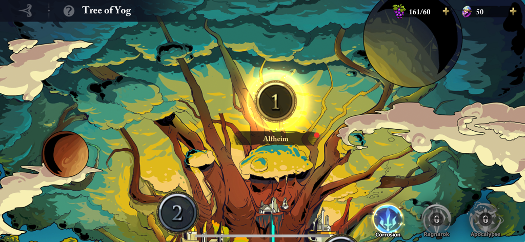 Lost Realm: Chronorift - Écran de sélection de niveau L'Arbre de Yog dans Lost Realm Chronorift montrant le royaume d'Alfheim