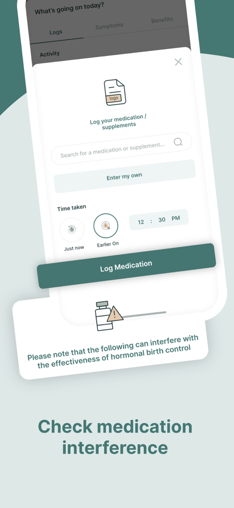 Ease: Birth Control Reminder - Mobile app interface for logging medications and supplements to check for interference with hormonal birth control effectiveness