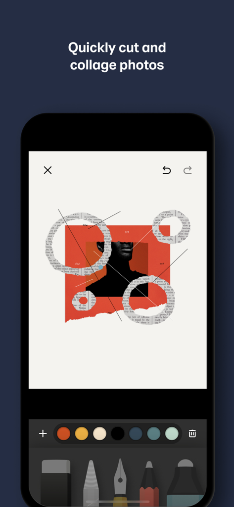 A creative photo collage being edited inside the Paper app with digital sketching and cutting tools.