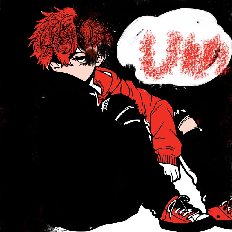 a male hoddie ripped jeans messy hair anime