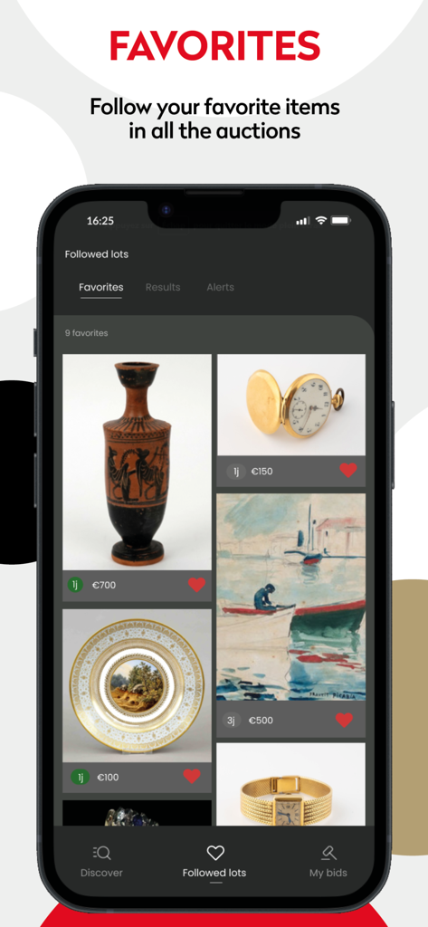 Drouot.com - Live Auctions - Drouot app Favorites screen showing followed auction lots like vintage watches, paintings, and pottery.