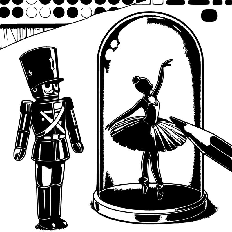 picture a tin soldier gazing up at a ballerina inside a glass dome. the scene is in black and white, designed to be easy and playful for coloring, with a flat, simple style that children will enjoy bringing to life, chibi style