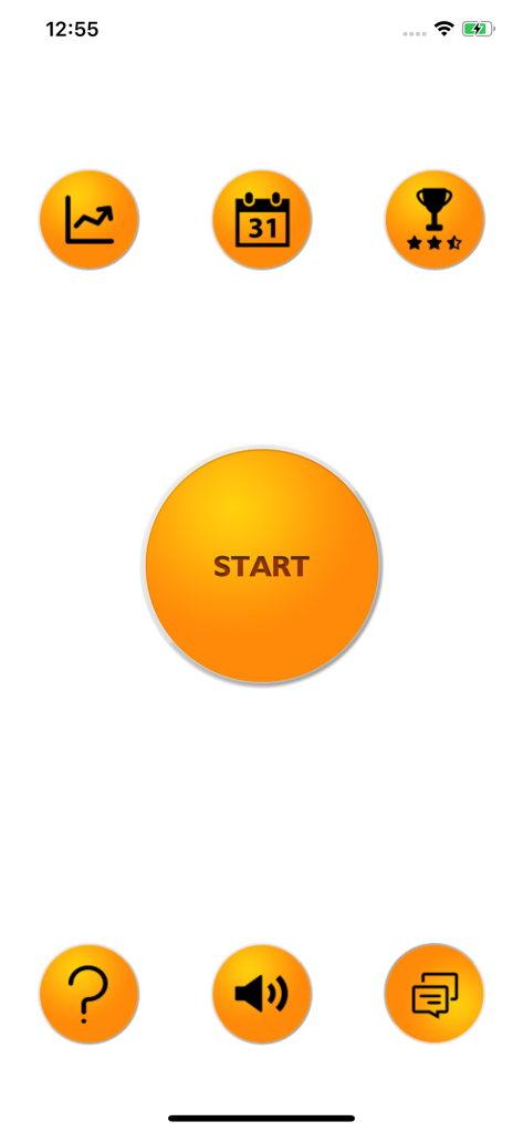 Push Ups Counter - Trainer - Écran d'accueil de l'application Compteur de pompes - Coach présentant un grand bouton orange de démarrage et des icônes de navigation pour les statistiques, le calendrier et les meilleurs scores.