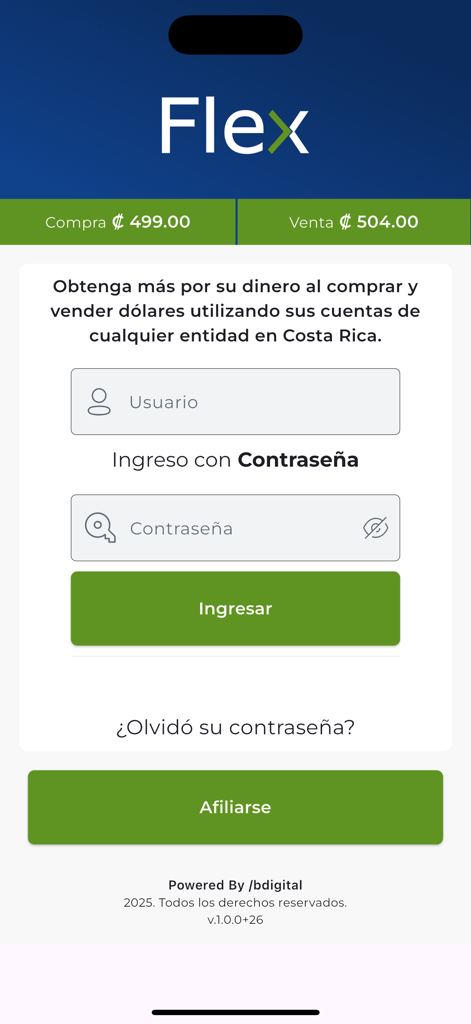 Login screen of the FLEX BCT app showing USD to Costa Rican Colones exchange rates and login fields