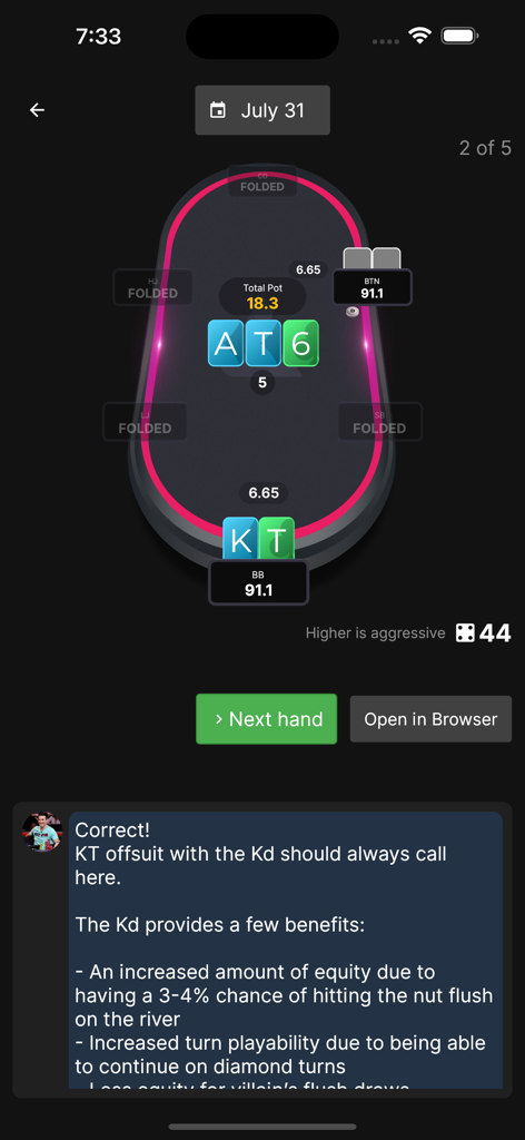Lucid Poker Trainer app screen showing a poker hand simulation with GTO strategy explanation and feedback