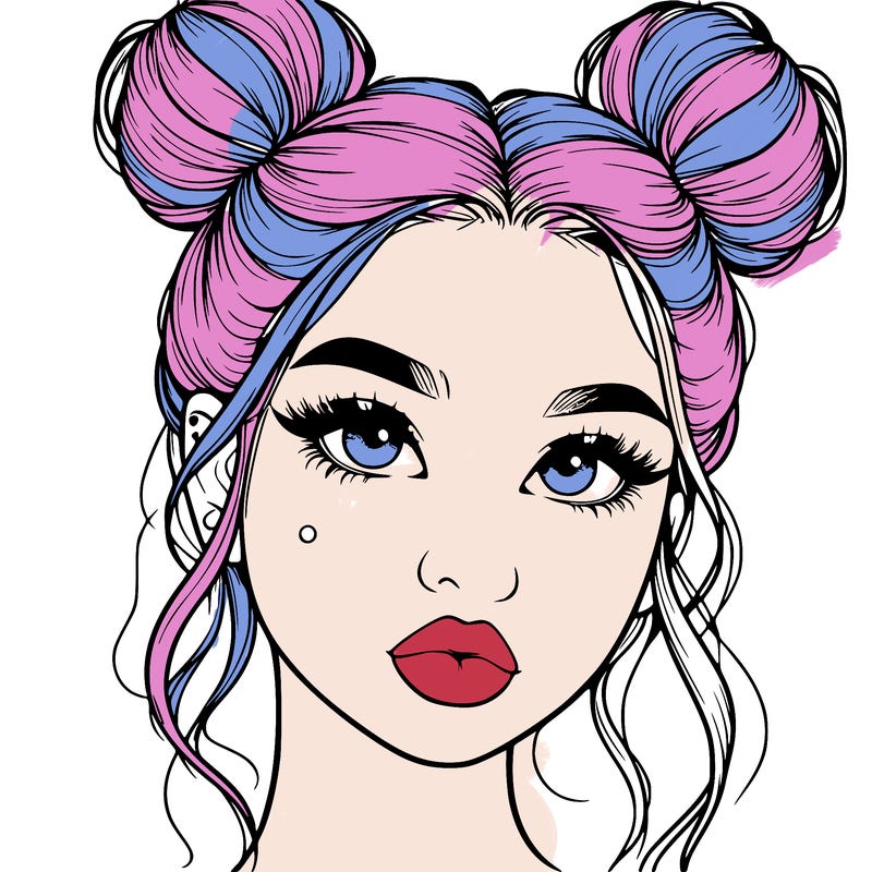 realistic girl with two buns on her hair and lips