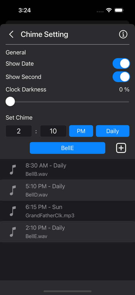 Interface of Chime Clock app showing chime scheduling settings and custom sound options