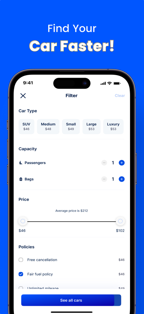 Rent80 app filter screen showing options for car type capacity price range and rental policies