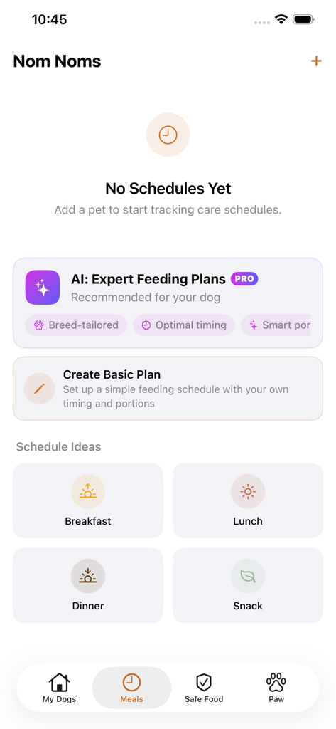 Feed My Dog app screen for scheduling breed tailored AI expert feeding plans and basic meal schedules