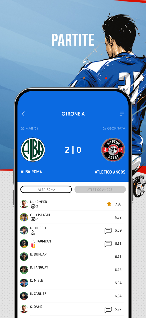 Lega Calcio a 8 - Lega Calcio a 8 app match results screen showing team scores and player stats.