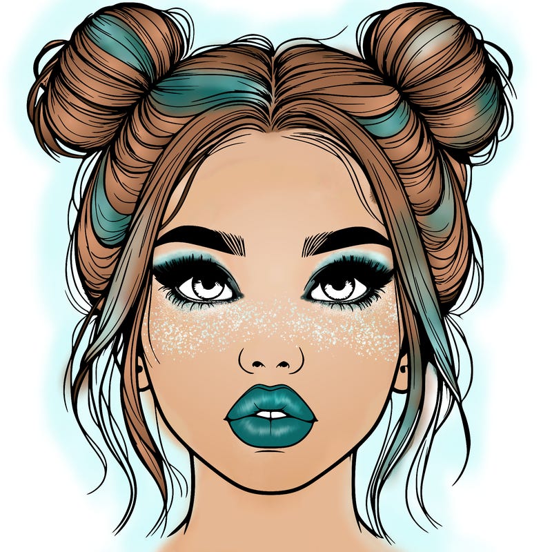 realistic girl with two buns on her hair and lips