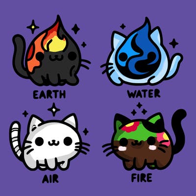 4 cats that represent the different elements, earth, water, air, and fire