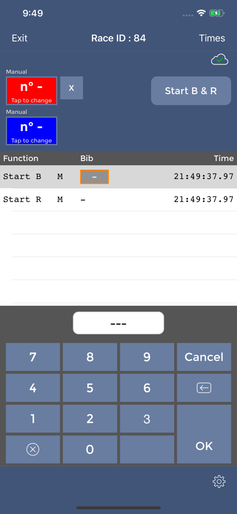 FDS Remote Timer - Interface of the FDS Remote Timer app showing a numeric keypad for manual bib entry and a log of race start times.