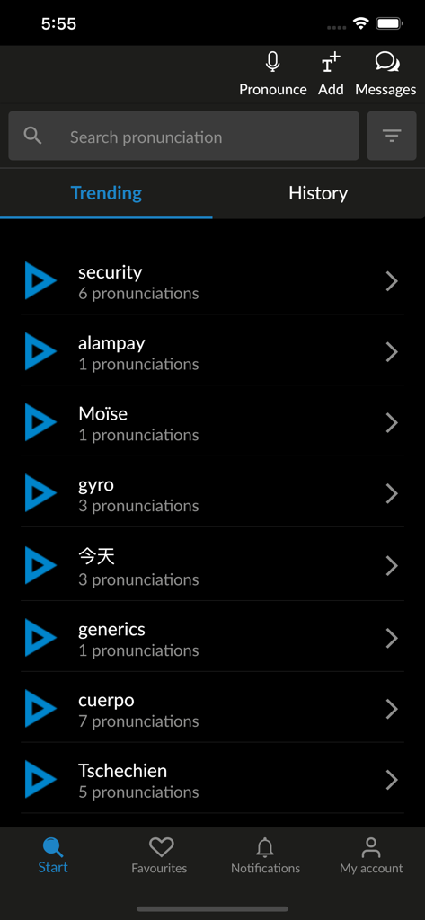 Interface of the Forvo app showing a list of trending words for pronunciation in dark mode.