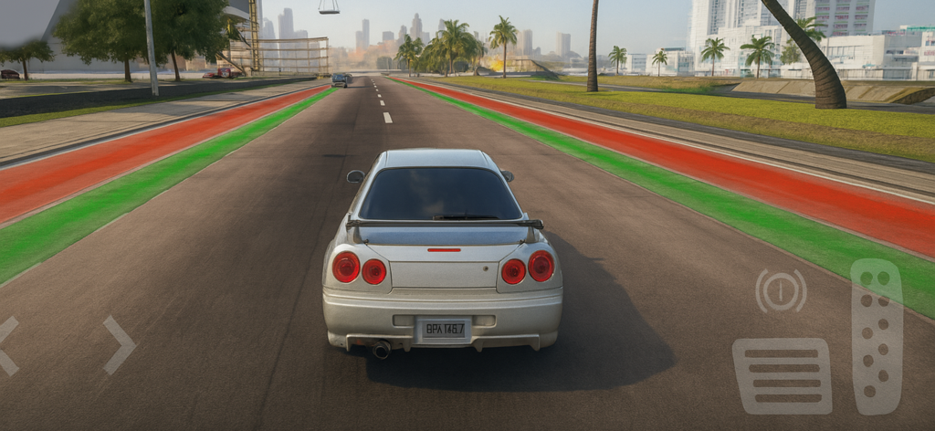 Vue arrière d'une voiture de sport argentée roulant sur une route dégagée en milieu urbain.