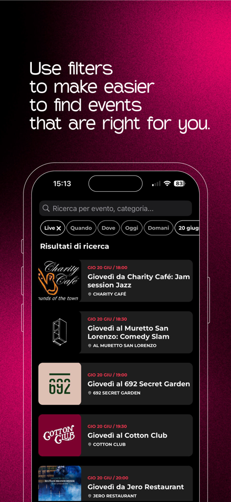 Nightify: events and tickets - L'écran de recherche de l'application Nightify montrant les filtres d'événements et une liste des prochains événements de vie nocturne à Rome