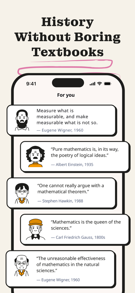 Growbit - Daily Micro Learning - Interfaccia dell'app Growbit che mostra un feed di lezioni di micro-apprendimento quotidiane con famose citazioni matematiche