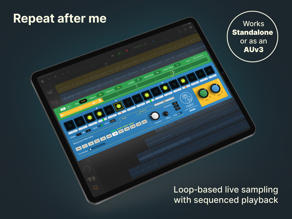 Interface of Parrot Audio Repeater on iPad showing loop based live sampling and sequenced playback controls
