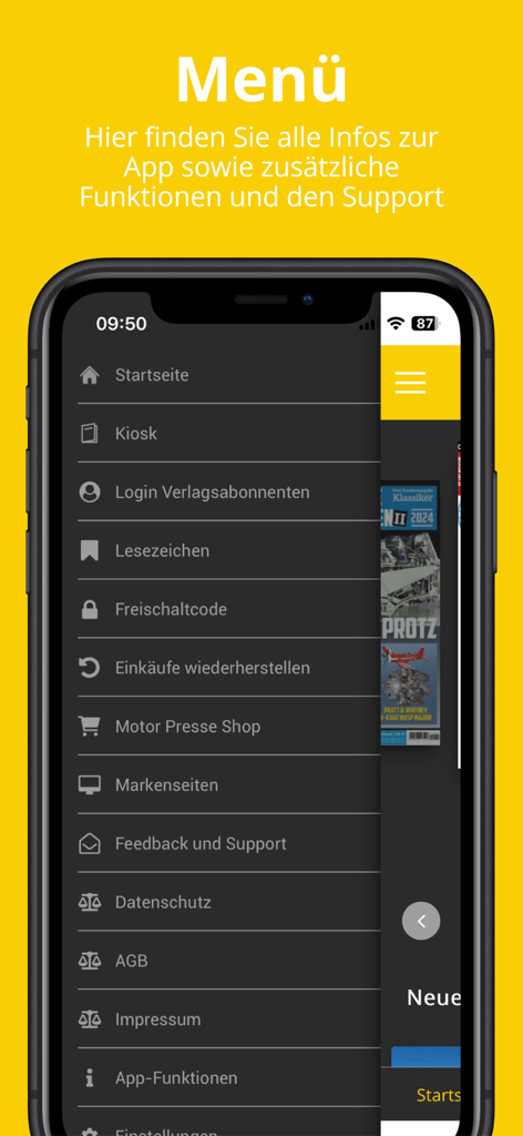 Flug Kiosk - A smartphone screenshot displaying the main navigation menu of the Flug Kiosk aviation magazine app with options like Home, Kiosk, and Bookmarks.