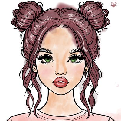 realistic girl with two buns in hair and lips