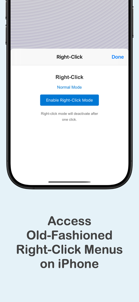 Oberfläche zum Aktivieren von Rechtsklick-Menüs in der Safari-Browsererweiterung für das iPhone