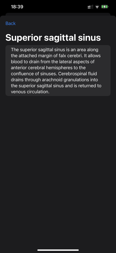 Mobile app screen showing a detailed medical description of the superior sagittal sinus anatomical structure.