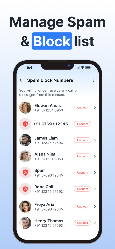 Show Caller ID & Spam Blocker - Interfaz de la aplicación Show Caller ID que muestra una lista de contactos bloqueados y números de spam con opciones para desbloquear o des-spam